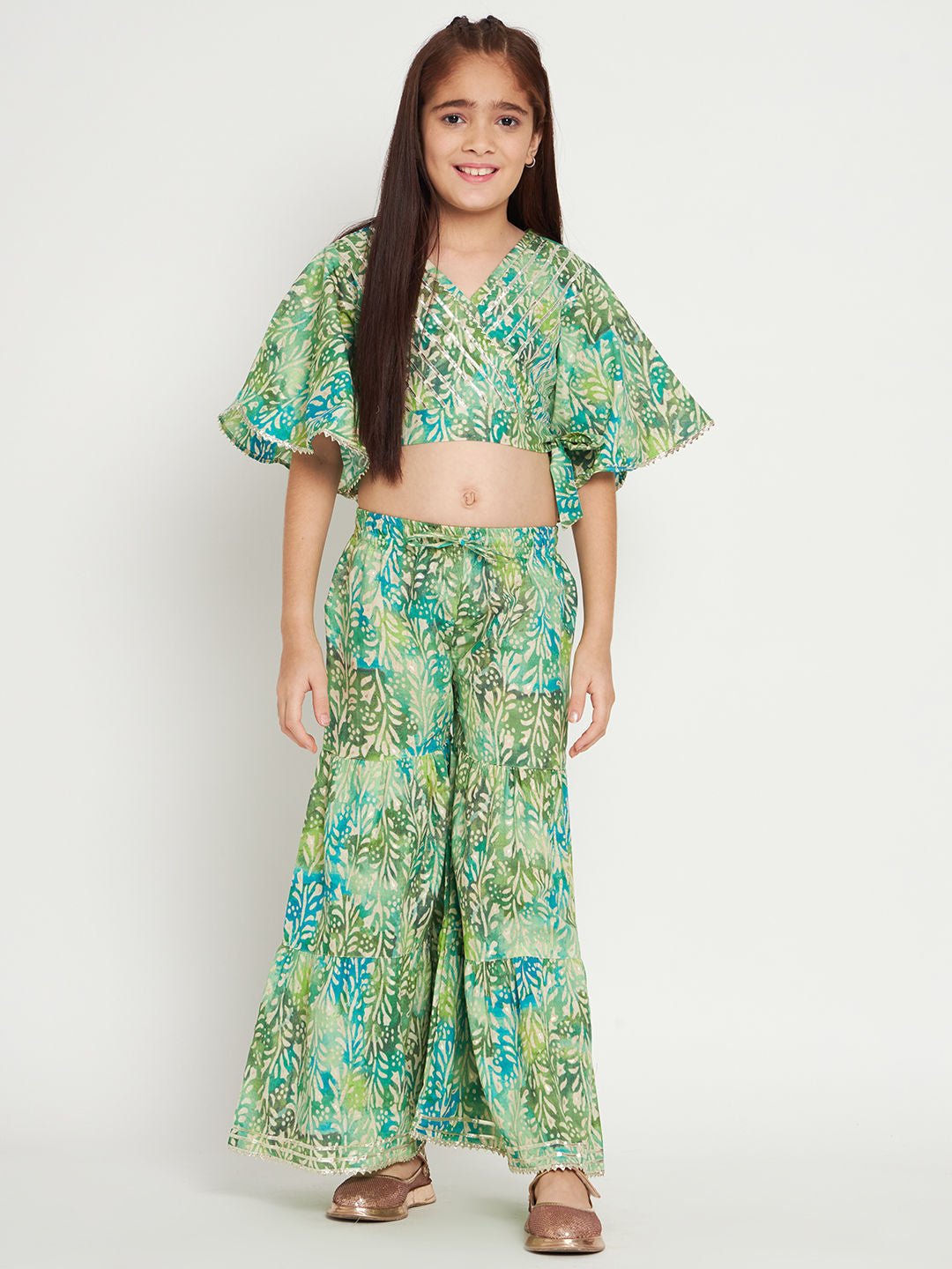 Straight Style Cotton Fabric Green Color Top And Sharara