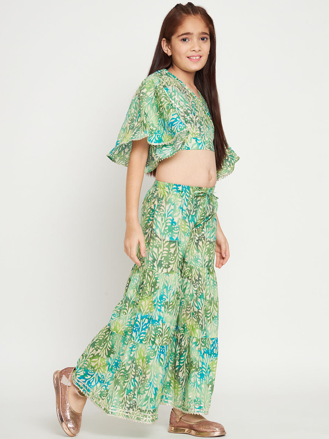 Straight Style Cotton Fabric Green Color Top And Sharara
