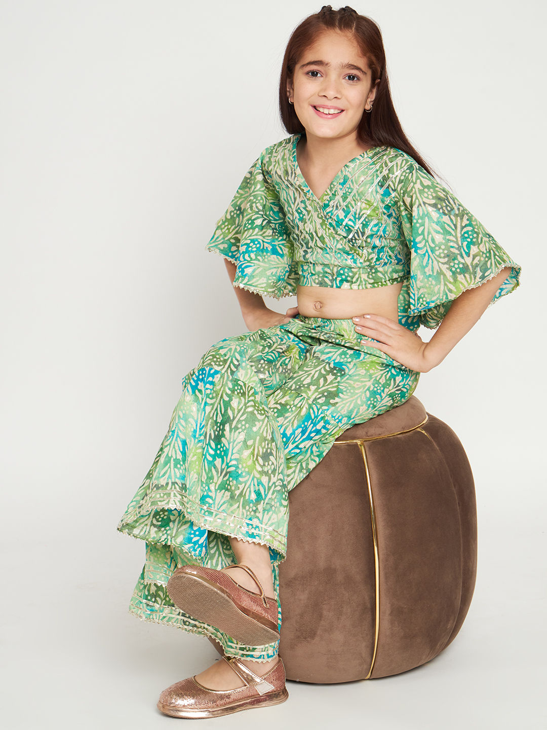 Straight Style Cotton Fabric Green Color Top And Sharara