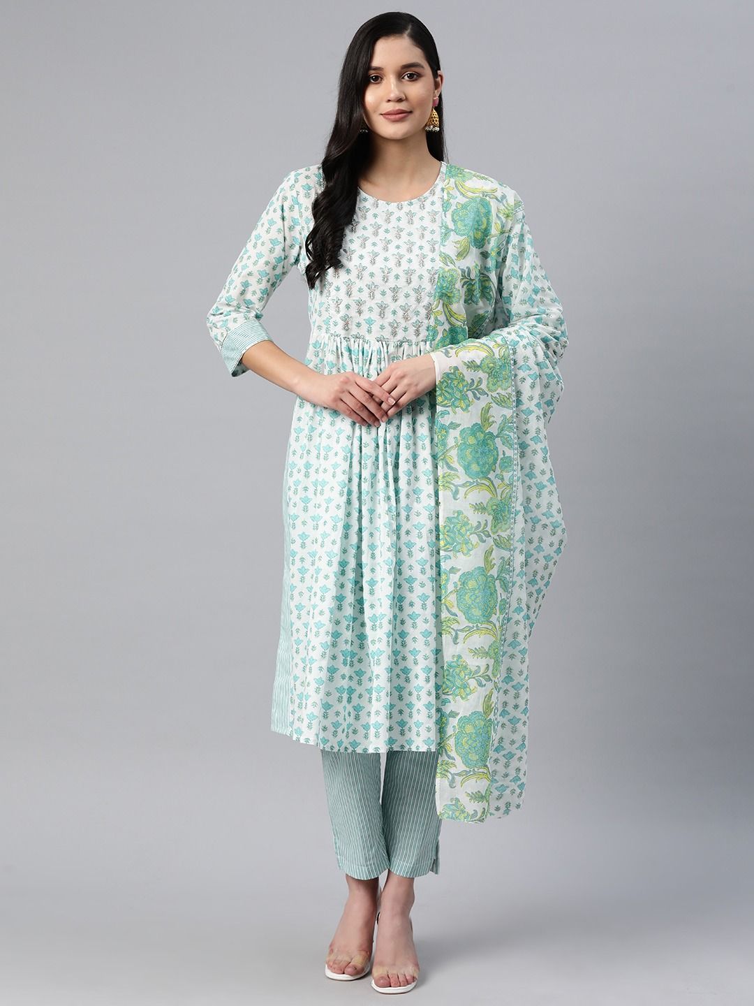Anarkali Style Cotton Fabric Blue Color Kurti And Bottom With Dupatta