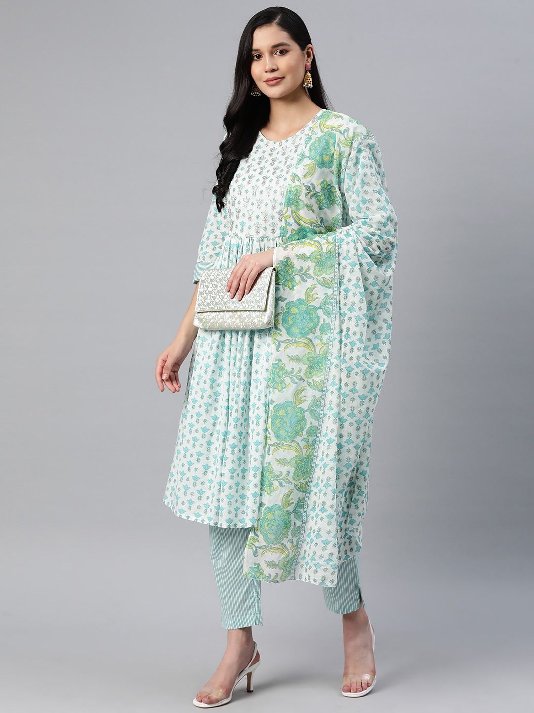 Anarkali Style Cotton Fabric Blue Color Kurti And Bottom With Dupatta