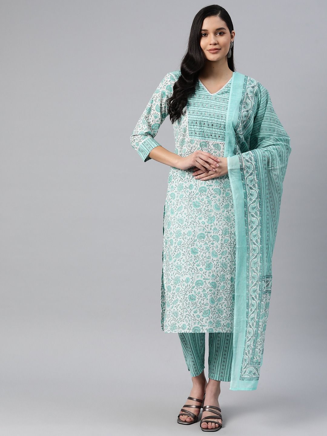 Straight Style Cotton Fabric Sea Green& White Color Kurti And Bottom With Dupatta