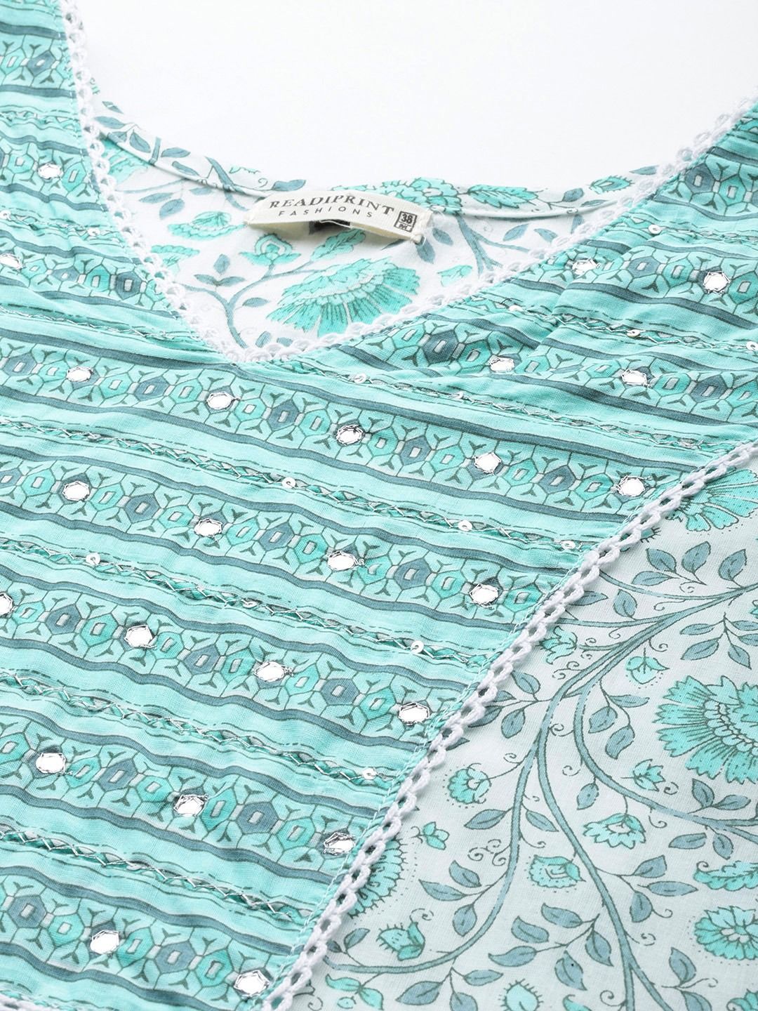 Straight Style Cotton Fabric Sea Green& White Color Kurti And Bottom With Dupatta