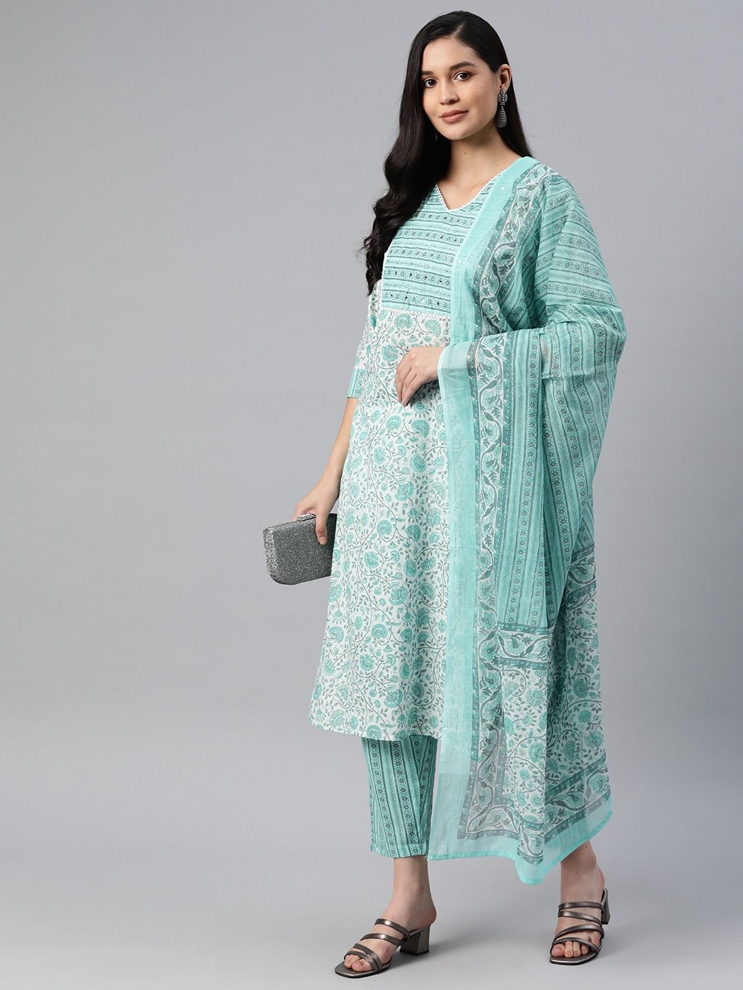 Straight Style Cotton Fabric Sea Green& White Color Kurti And Bottom With Dupatta