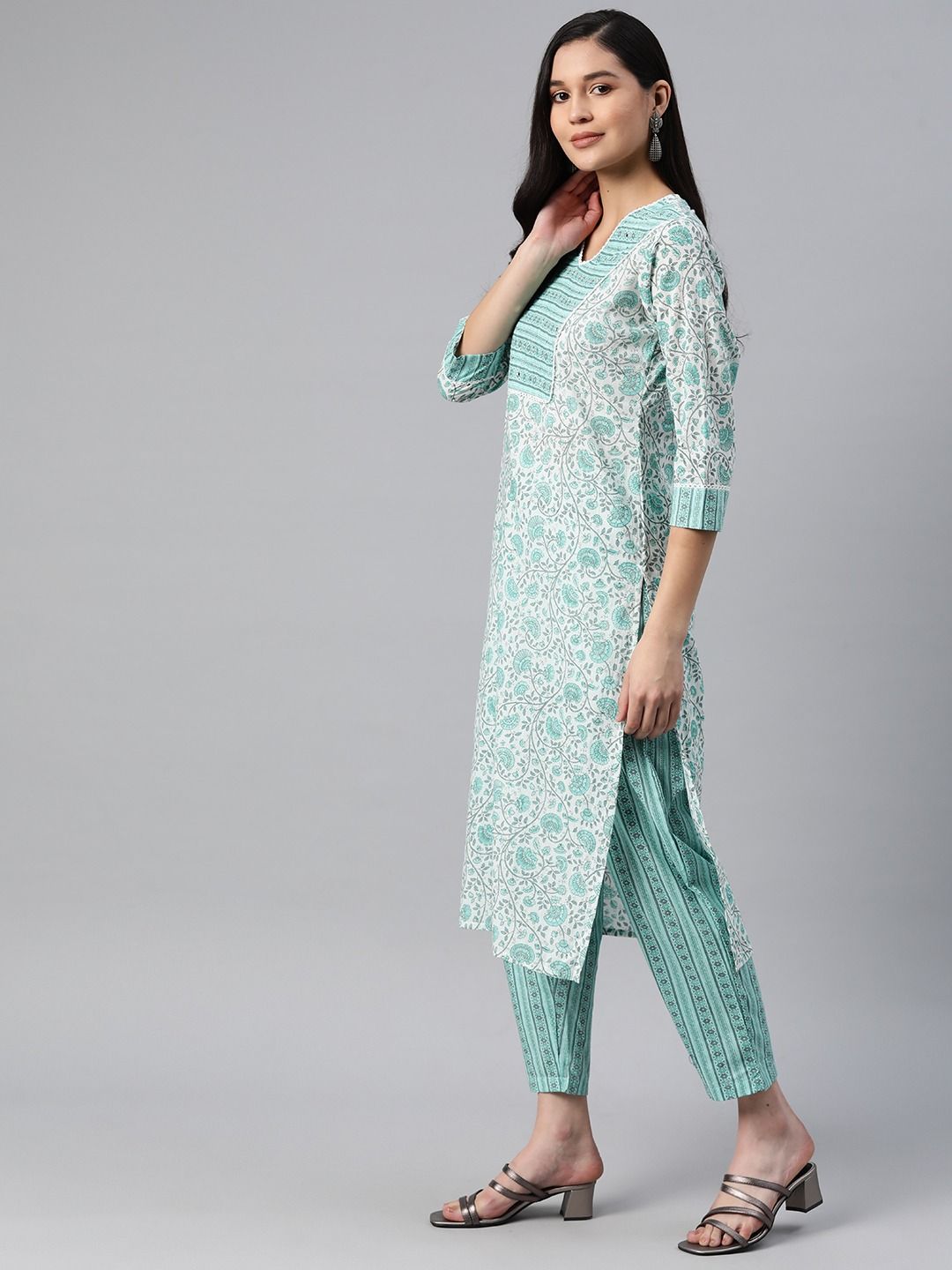 Straight Style Cotton Fabric Sea Green& White Color Kurti And Bottom With Dupatta