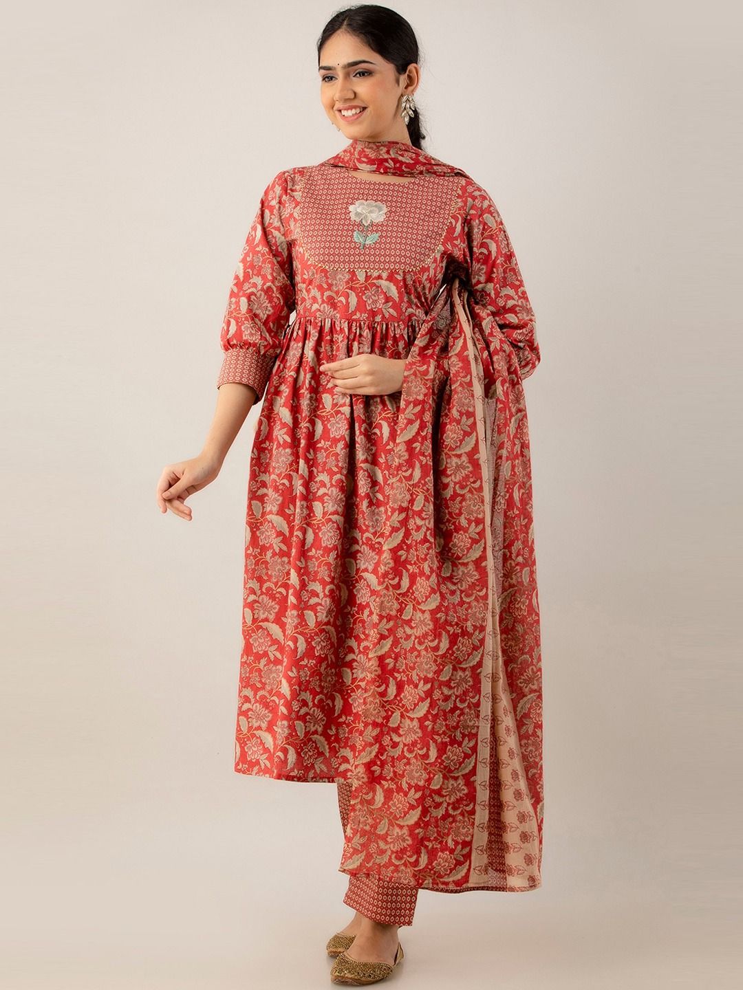 Anarkali Style Cotton Fabric Red Color Kurti And Bottom With Dupatta