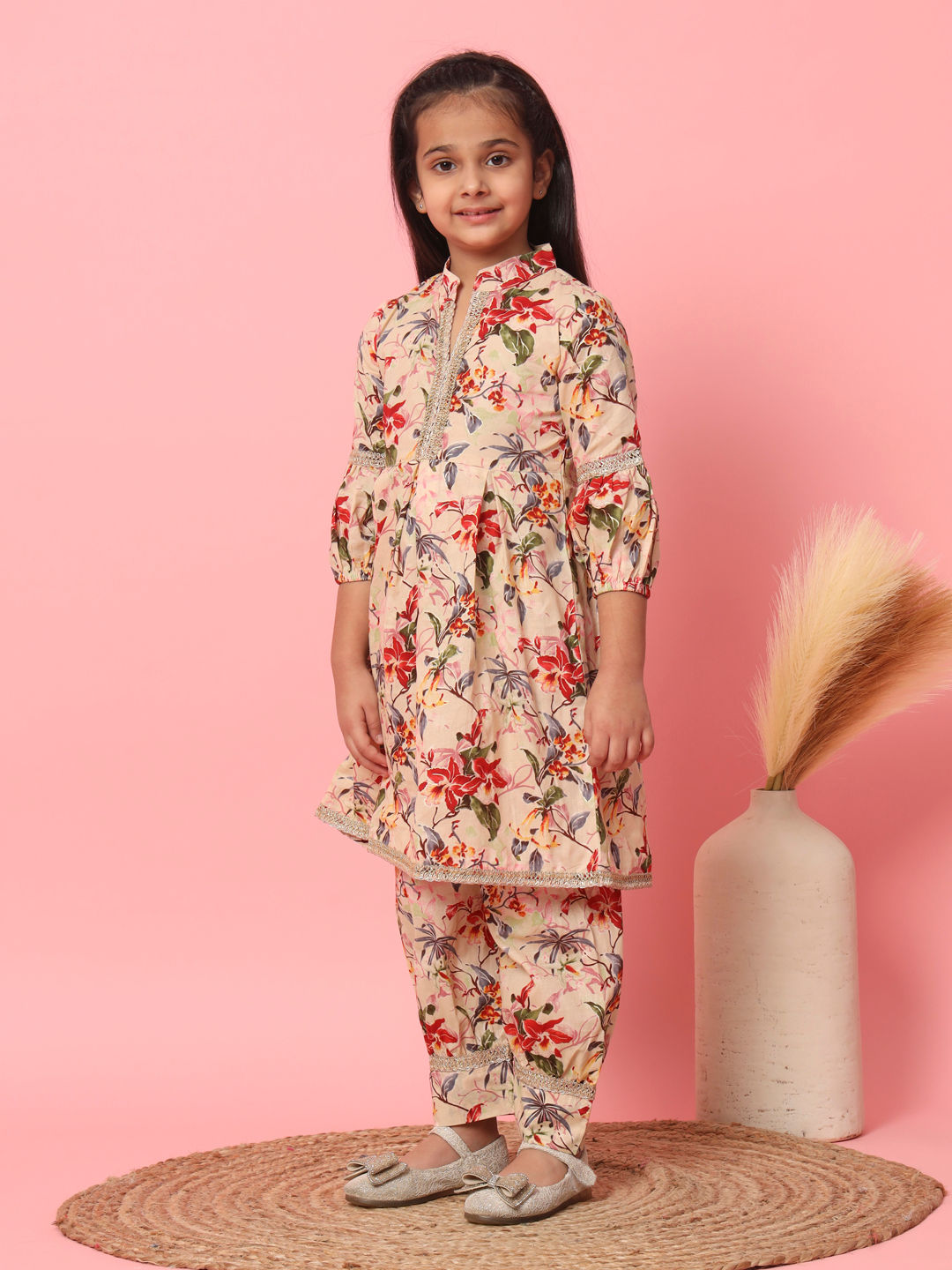 Frock Style Cotton Fabric Beige Color Kurti And Bottom