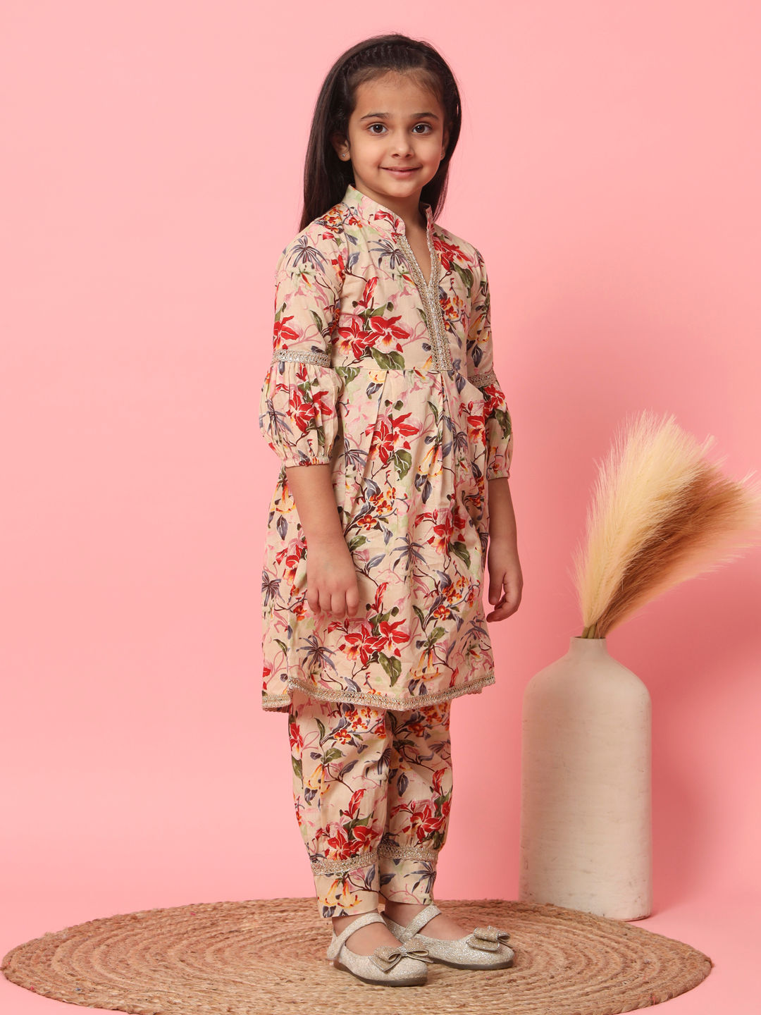 Frock Style Cotton Fabric Beige Color Kurti And Bottom