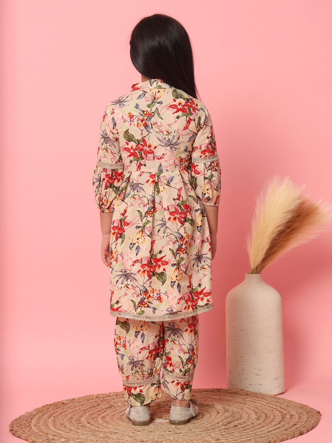 Frock Style Cotton Fabric Beige Color Kurti And Bottom