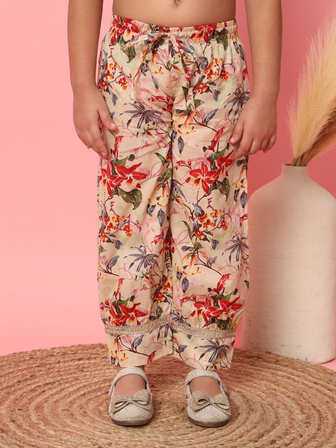 Frock Style Cotton Fabric Beige Color Kurti And Bottom