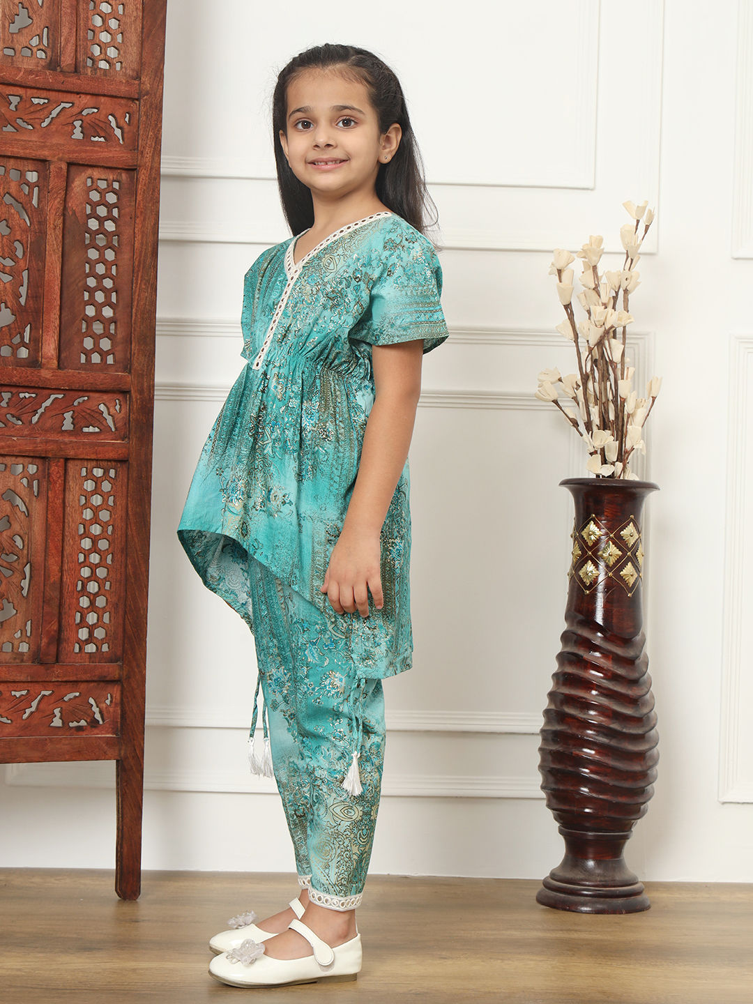 Kaftan Style Cotton Fabric Green Color Top And Bottom