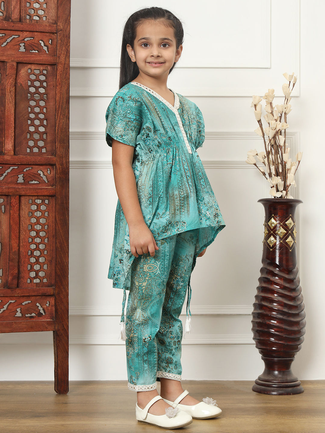 Kaftan Style Cotton Fabric Green Color Top And Bottom
