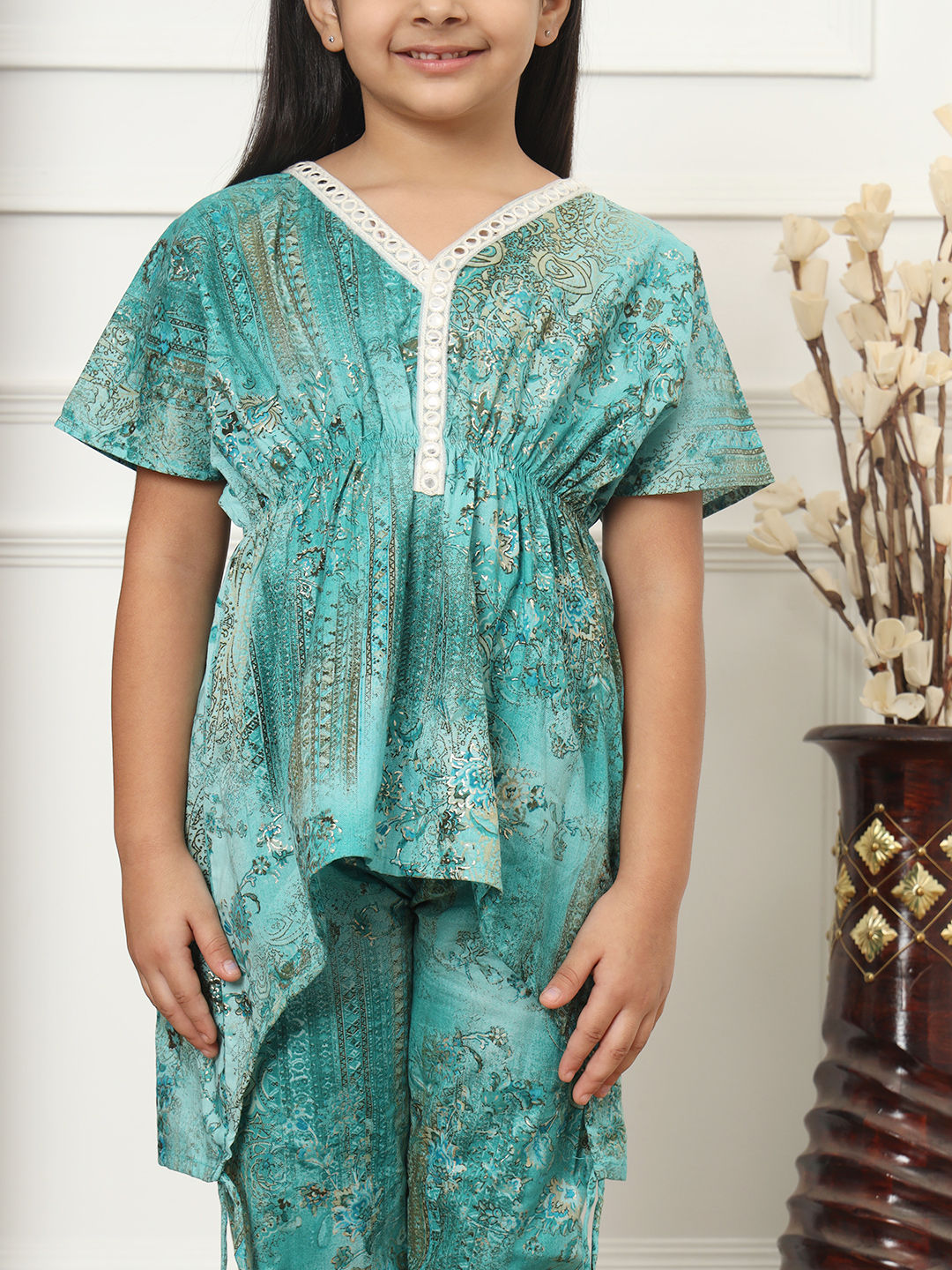 Kaftan Style Cotton Fabric Green Color Top And Bottom