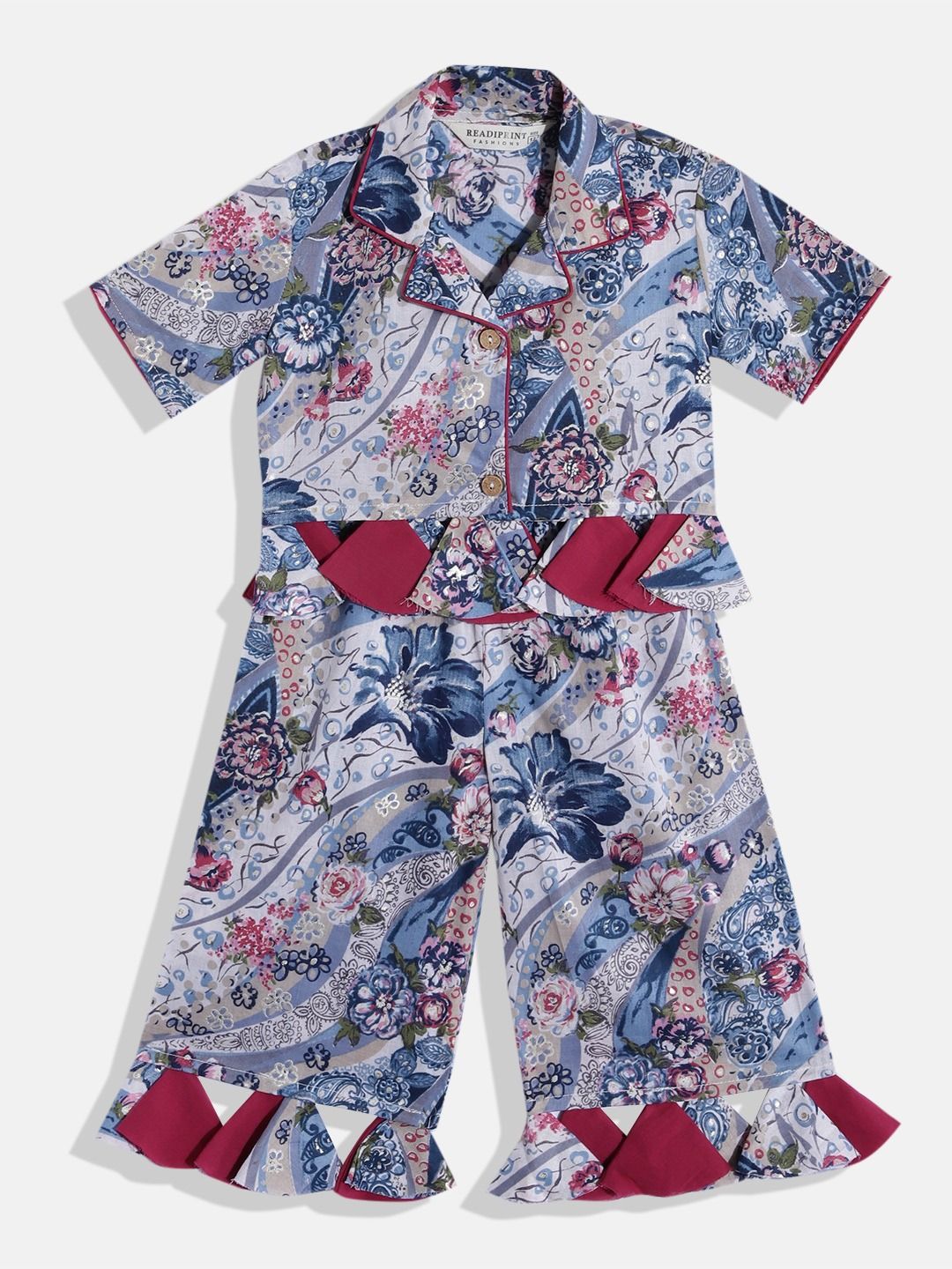 Shirt Style Cotton Fabric Blue Color Top And Bottom