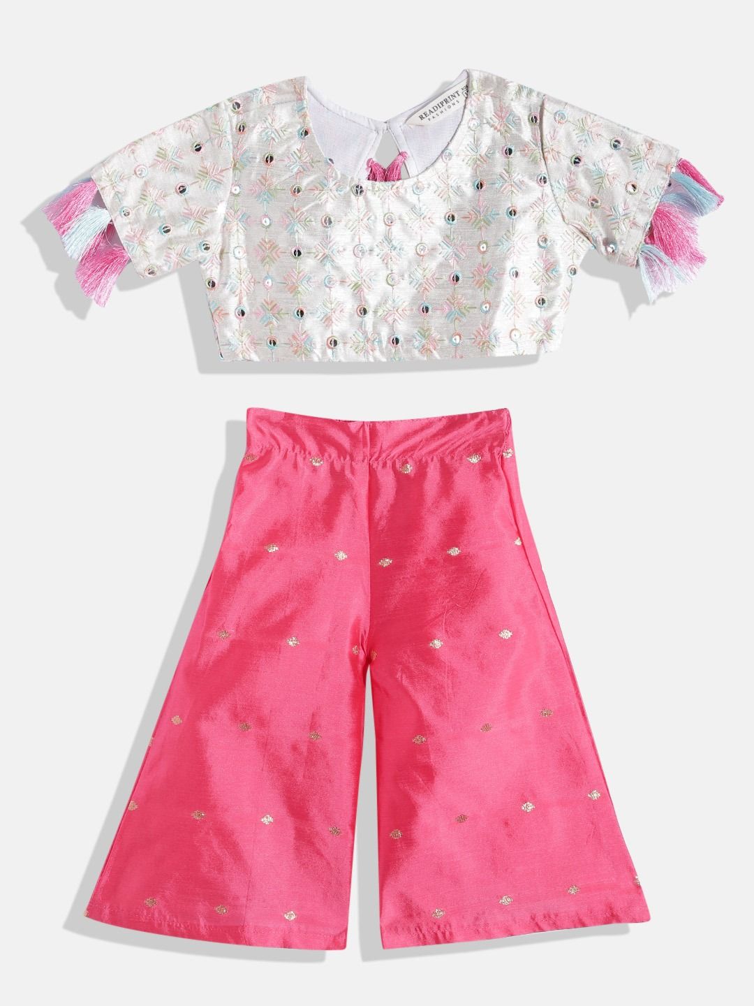 Straight Style Silk Fabric Cream & Pink Color Top And Bottom
