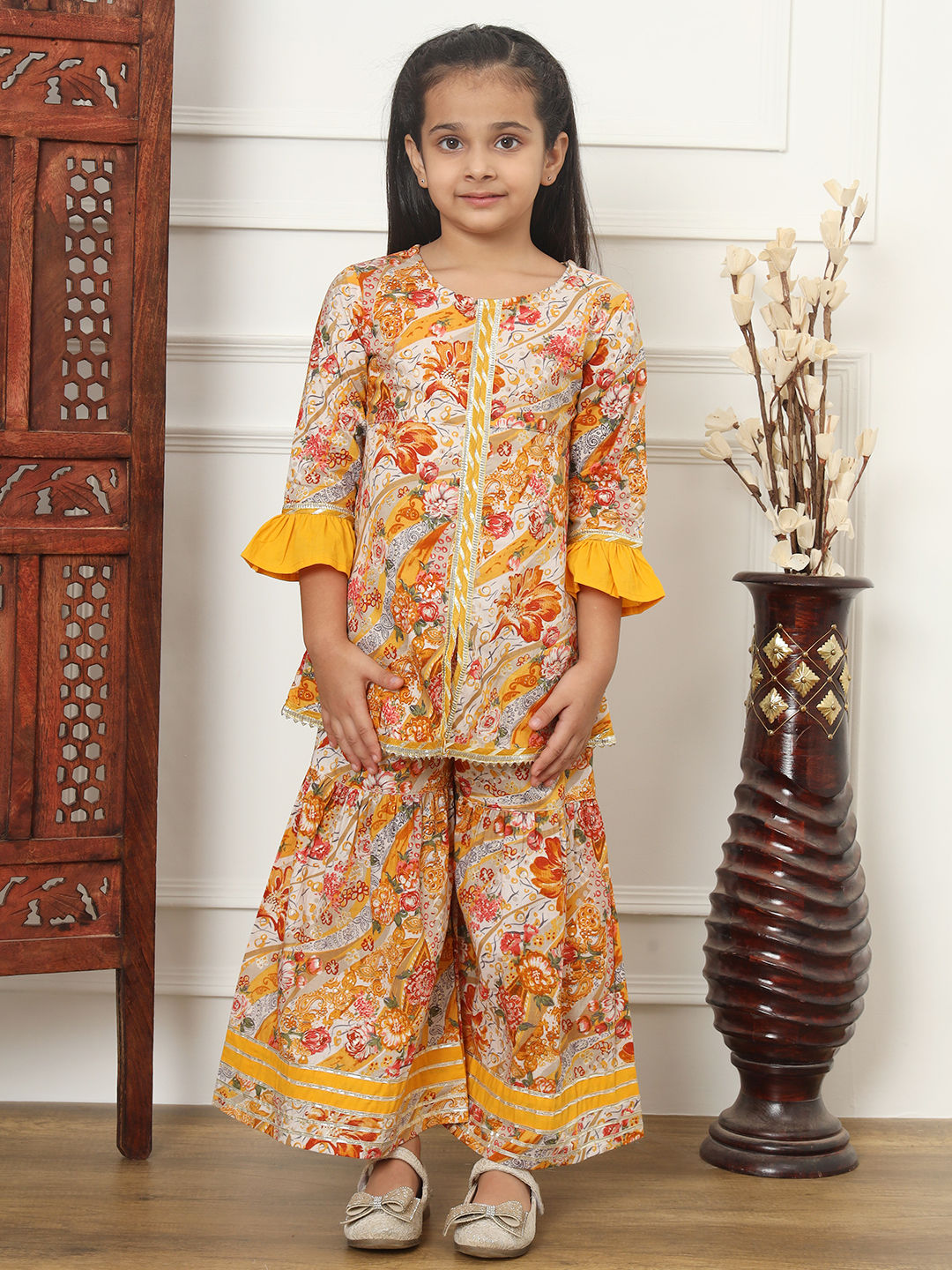 A-Line Style Cotton Fabric Mustard Color Kurti And Sharara