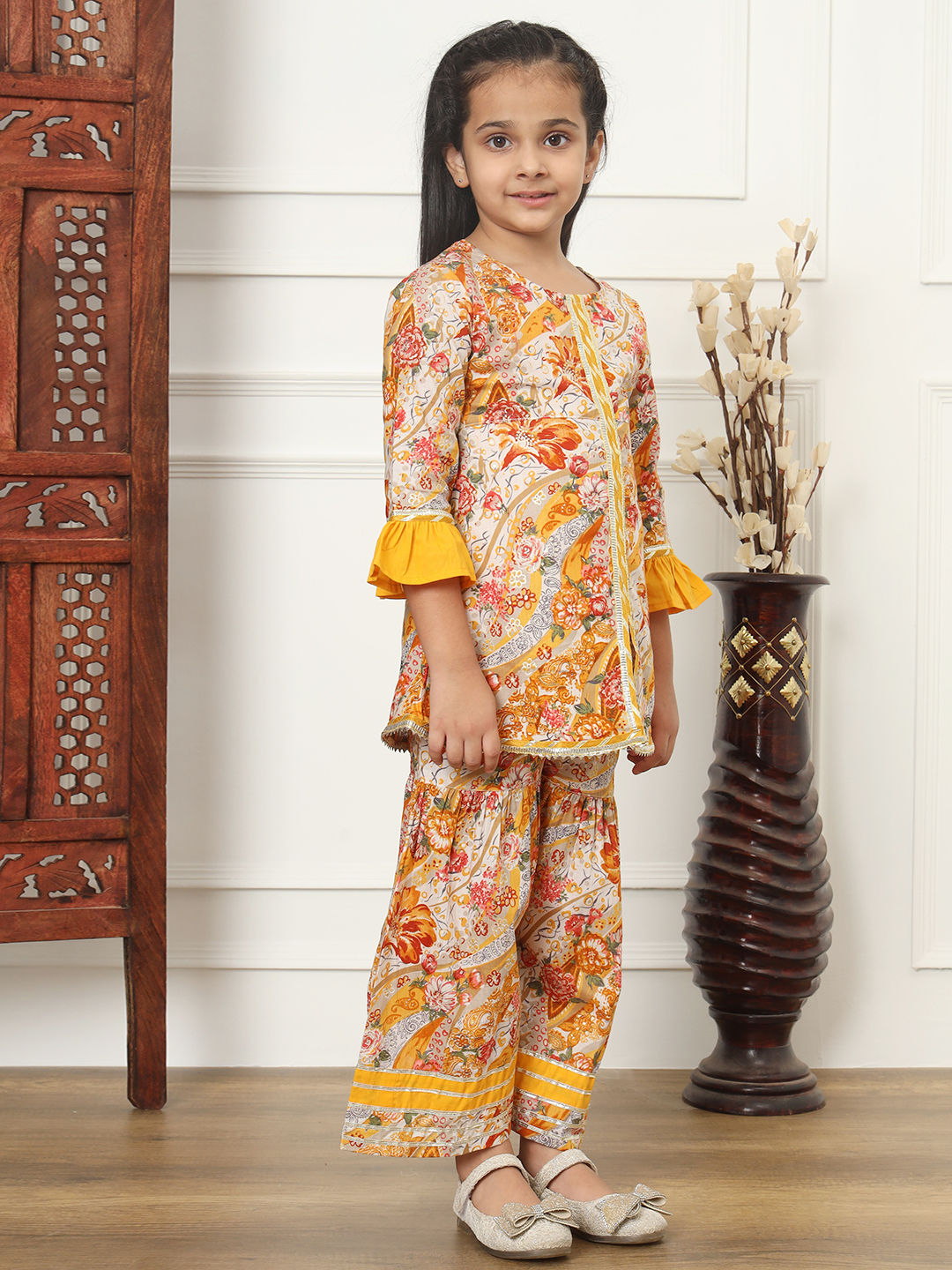 A-Line Style Cotton Fabric Mustard Color Kurti And Sharara
