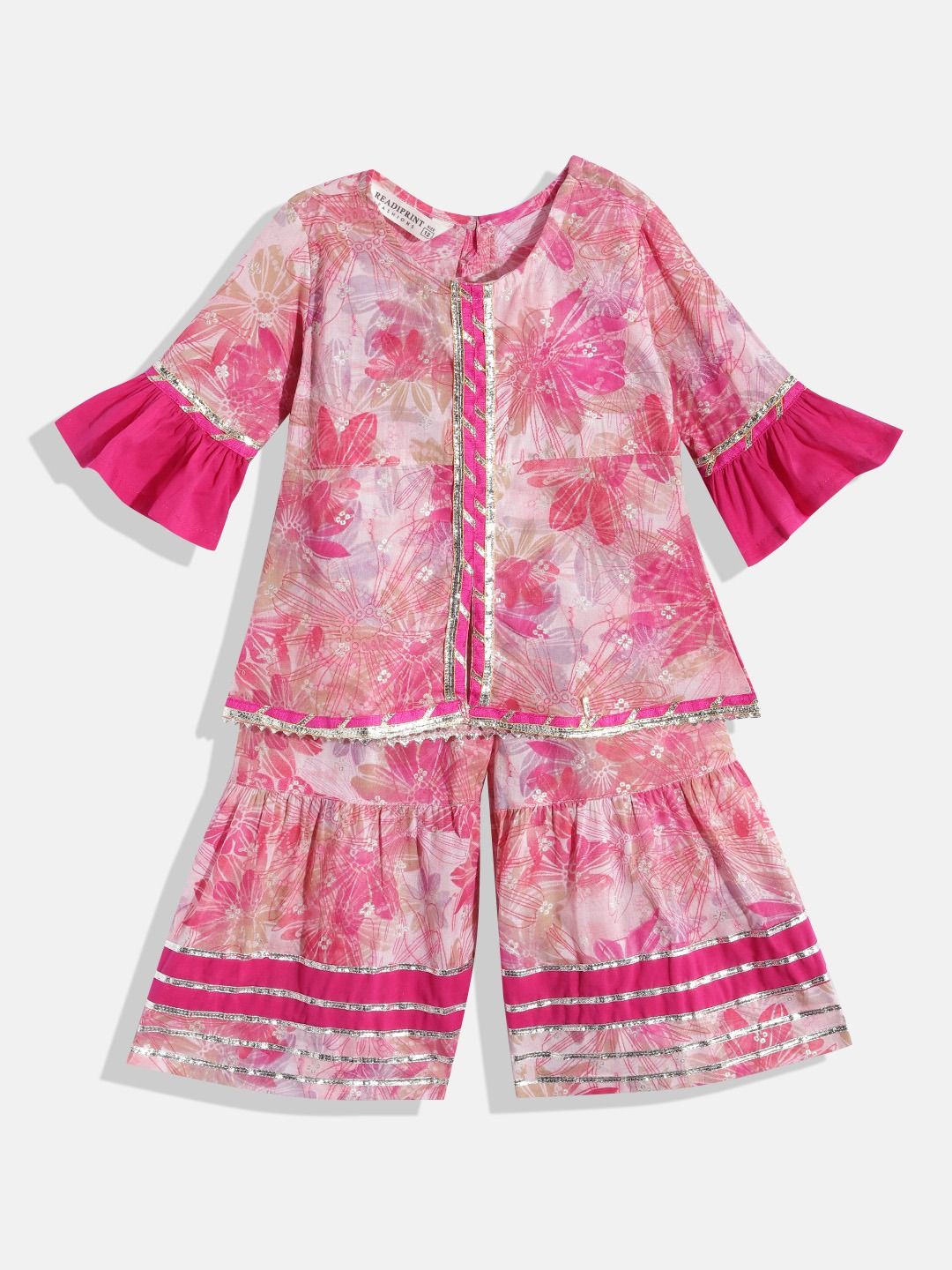 A-Line Style Cotton Fabric Pink Color Kurti And Sharara