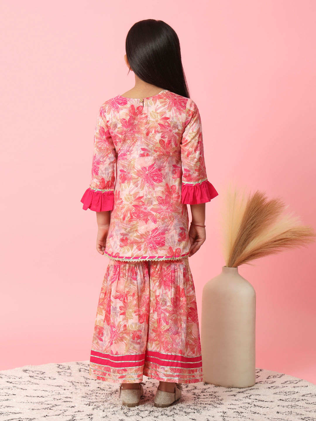 A-Line Style Cotton Fabric Pink Color Kurti And Sharara