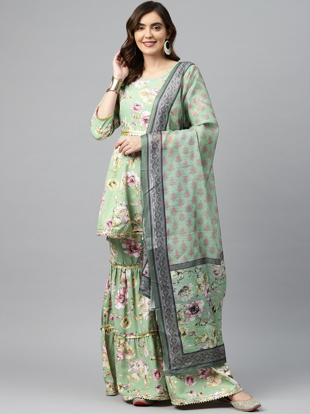 Anarkali Style Silk Crepe Fabric Green Color Kurta And Sharara With Dupatta