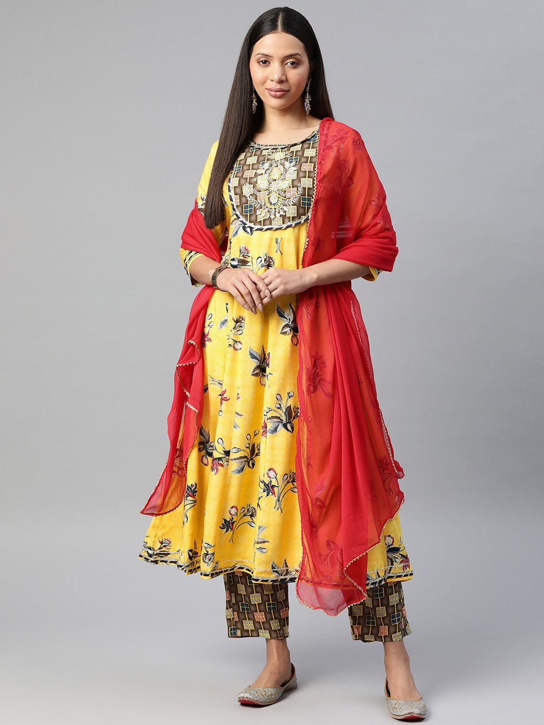 Anarkali Style Rayon Fabric Yellow Color Kurti With Bottom And Dupatta