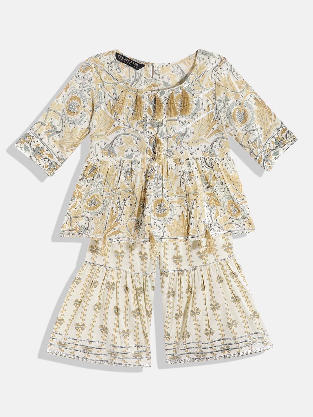 Frock Style Cotton Fabric Beige Color Printed Kurti With Sharara