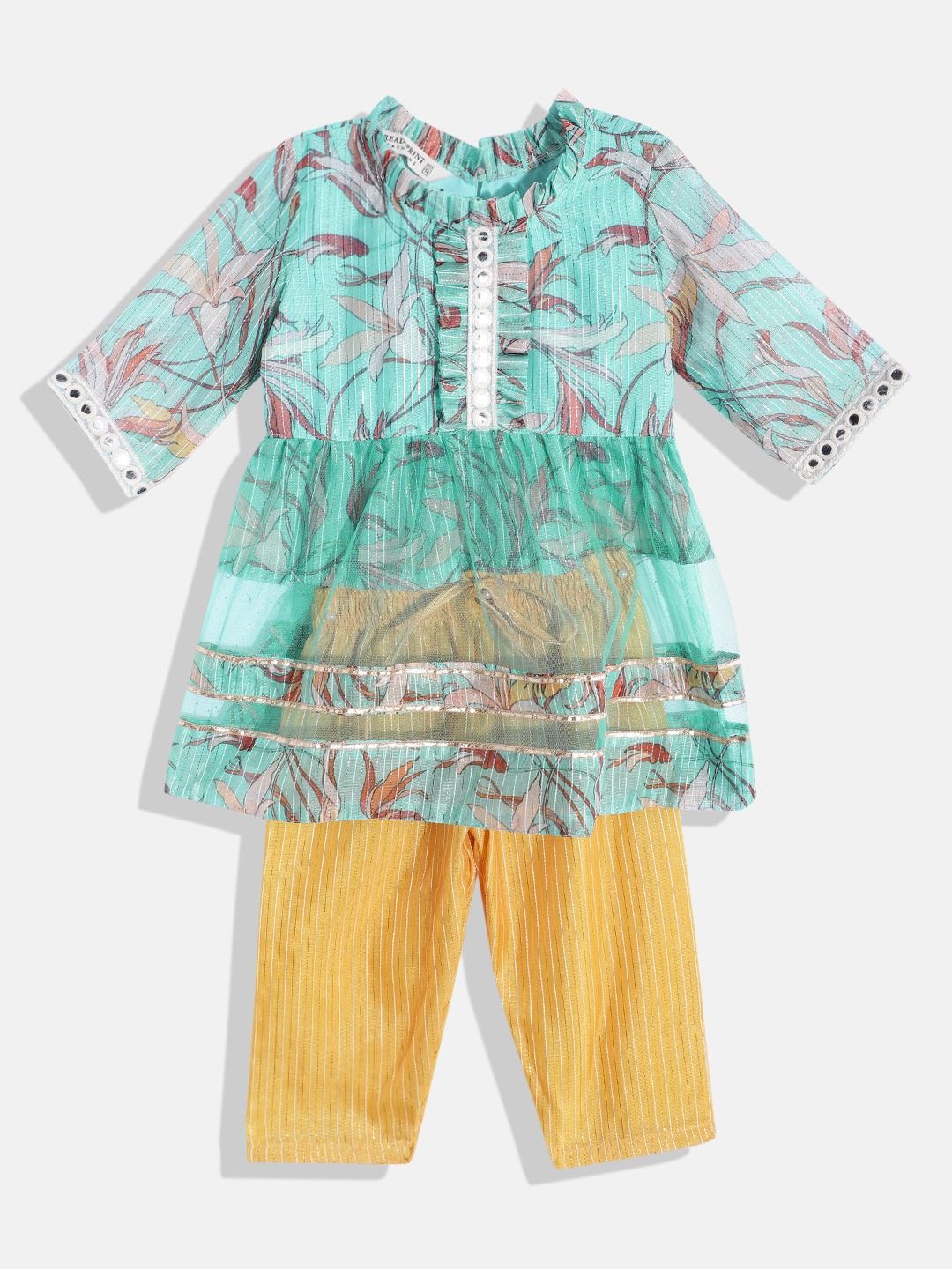 Frock Style Organza Fabric Sea Green Color Printed Frock With Pyjama