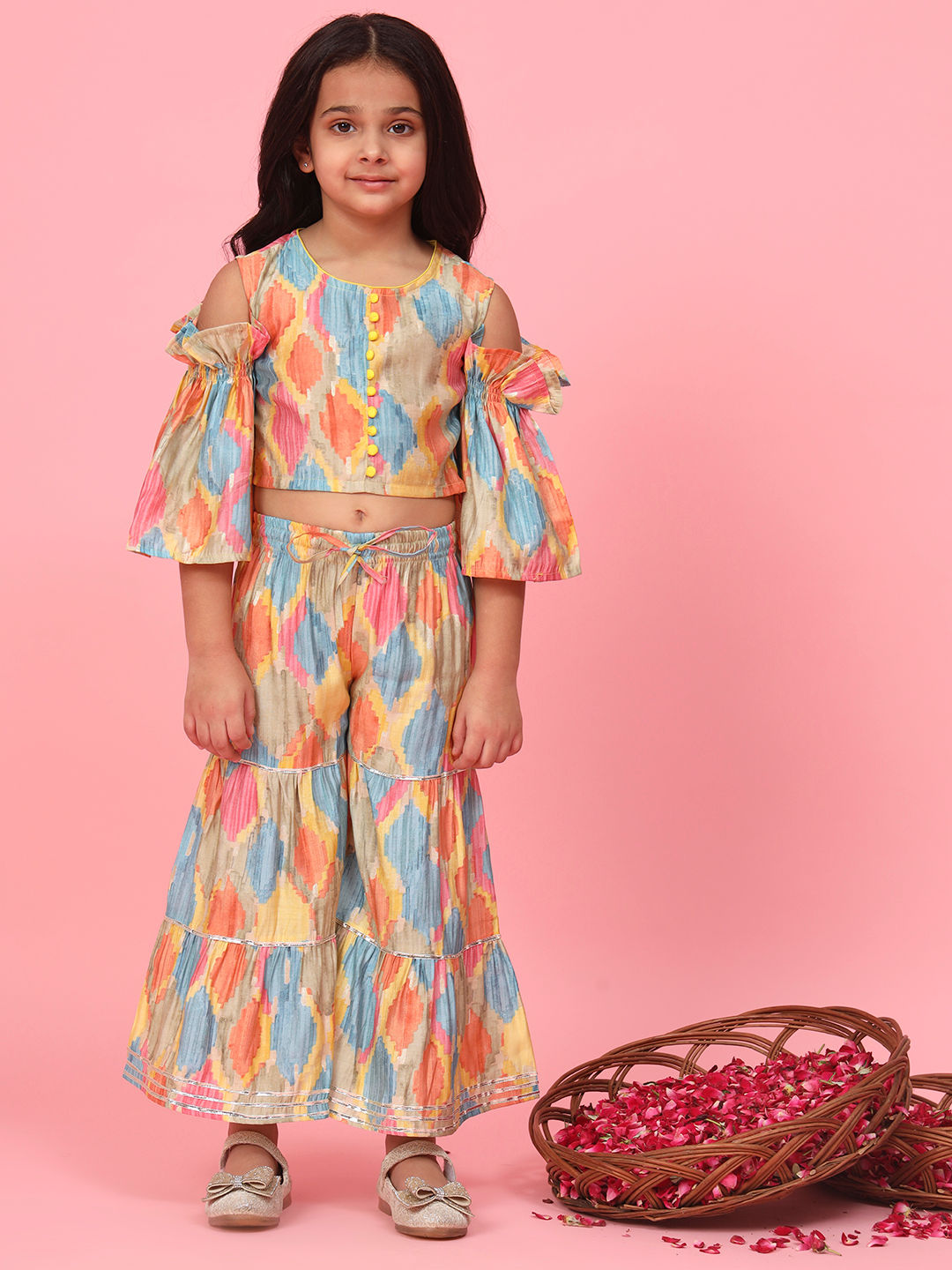 Straight Style Silk Fabric Multi Color Printed Top With Sharara