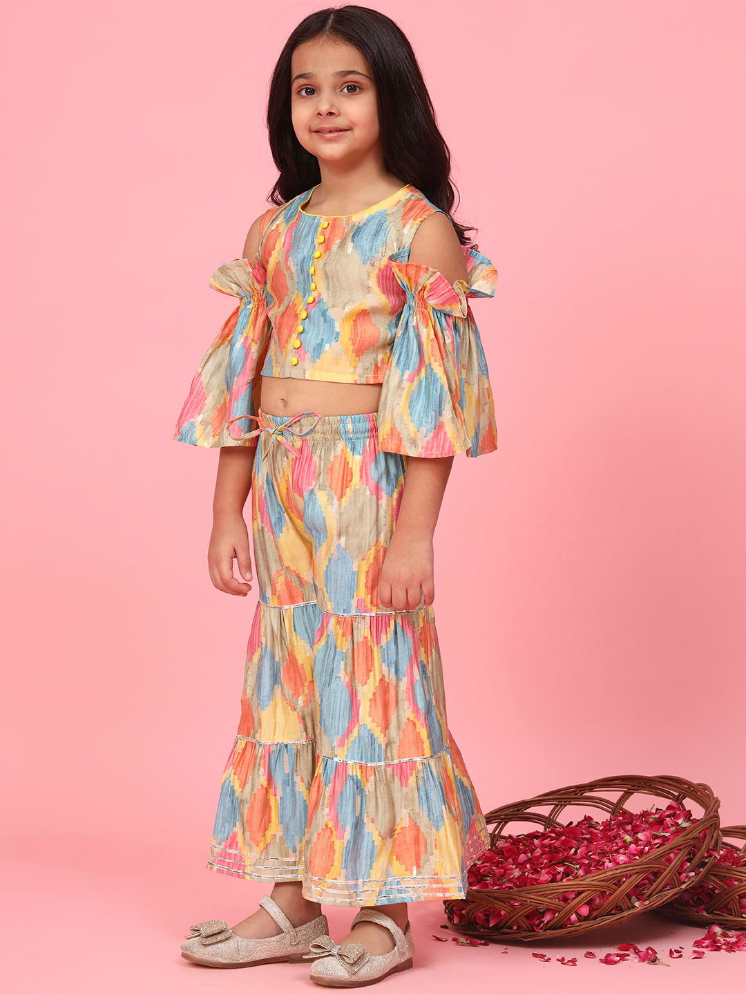 Straight Style Silk Fabric Multi Color Printed Top With Sharara