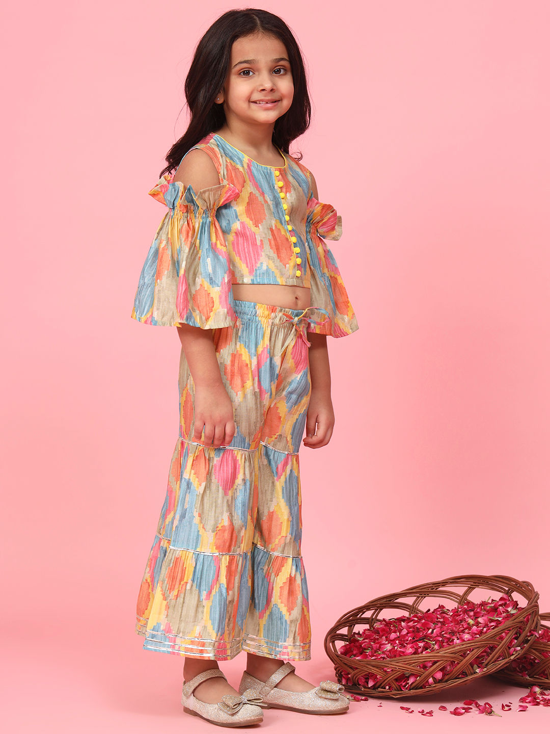 Straight Style Silk Fabric Multi Color Printed Top With Sharara