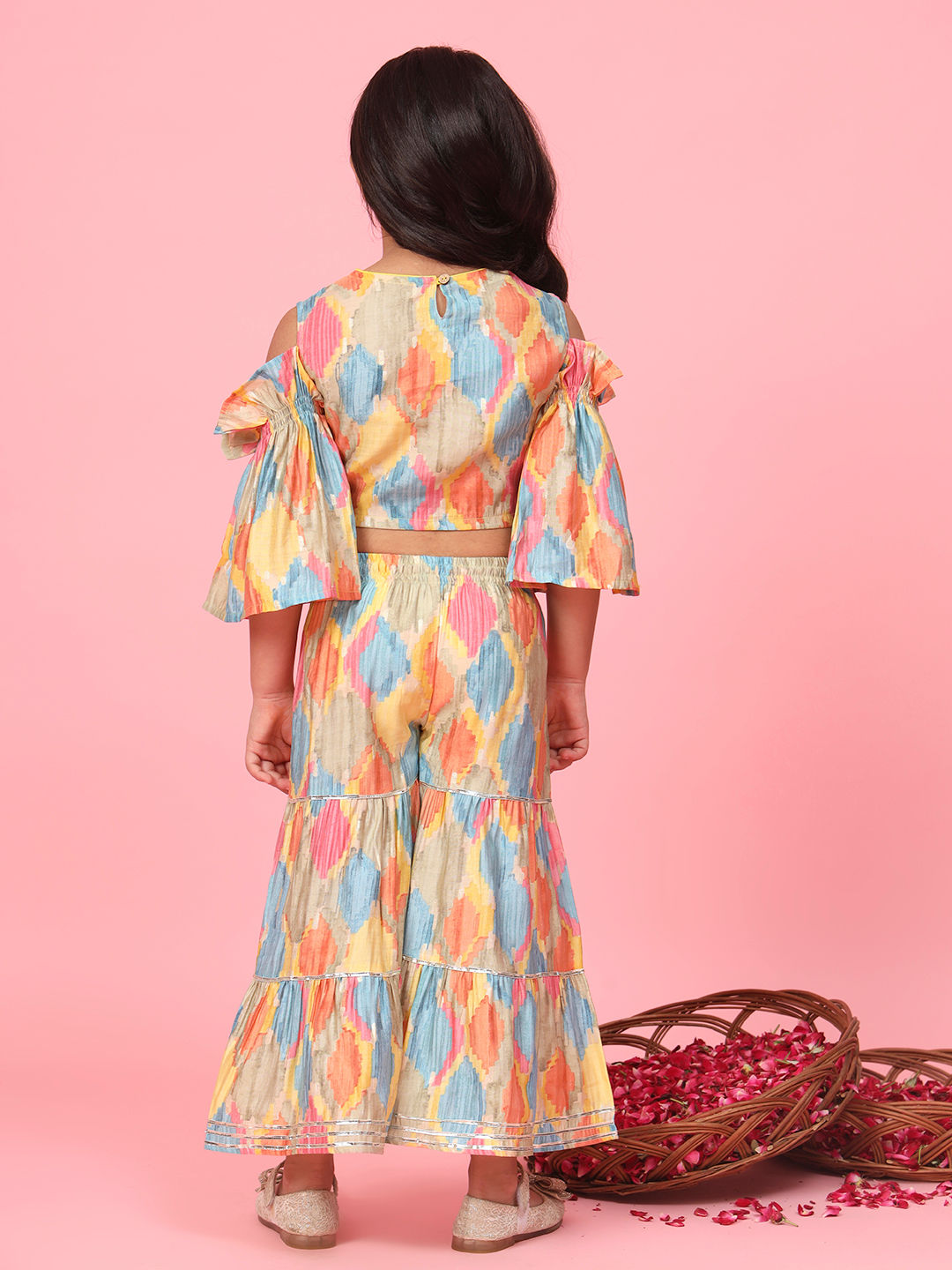 Straight Style Silk Fabric Multi Color Printed Top With Sharara