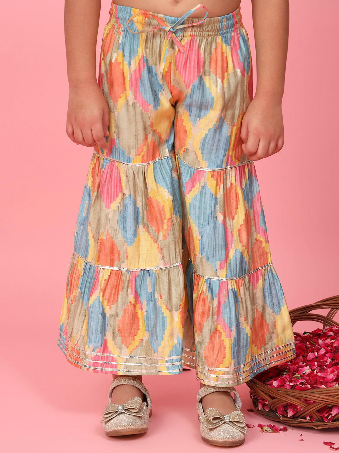 Straight Style Silk Fabric Multi Color Printed Top With Sharara