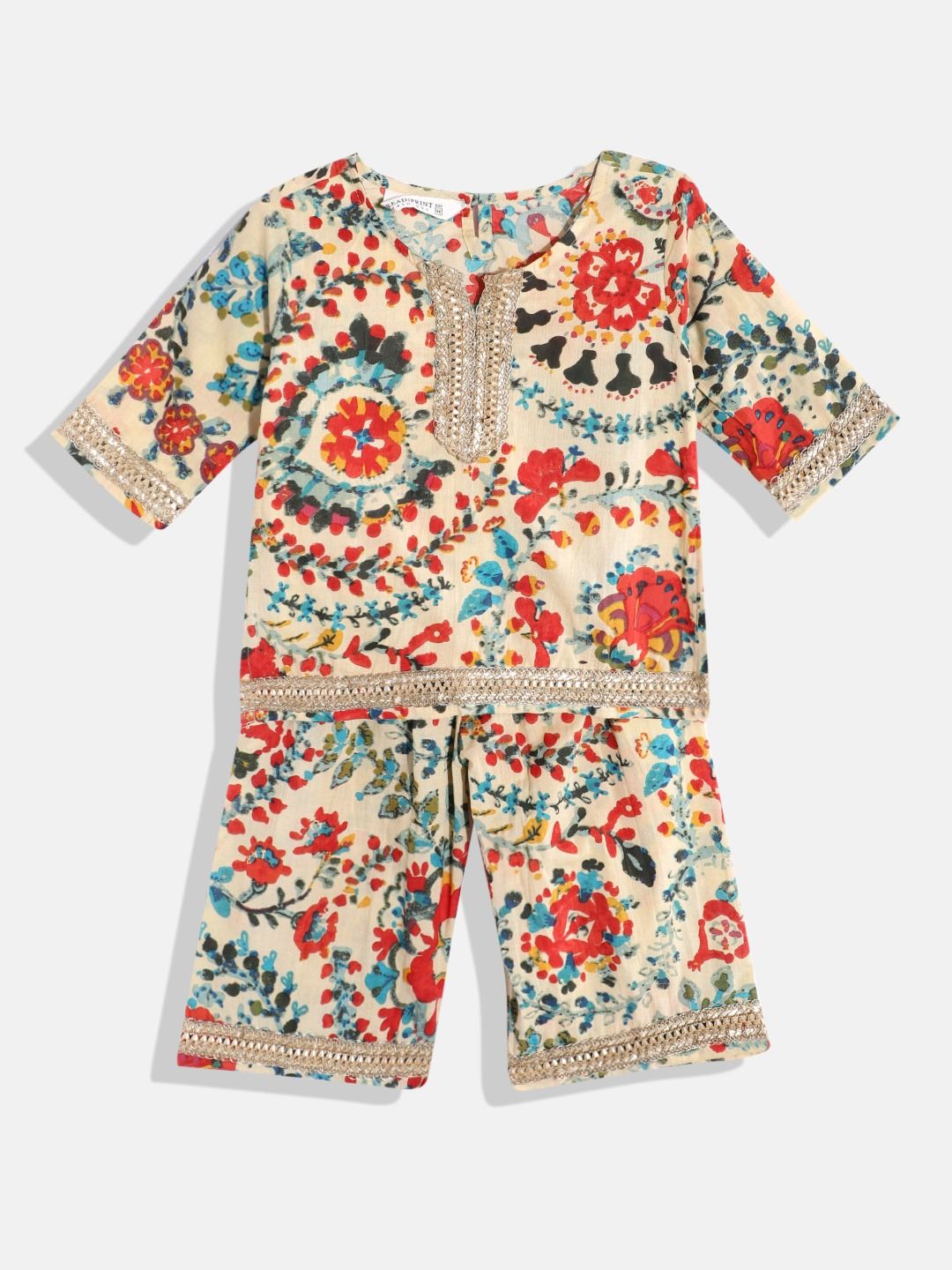 Straight Style Cotton Fabric Beige Color Printed Kurti With Palazzo