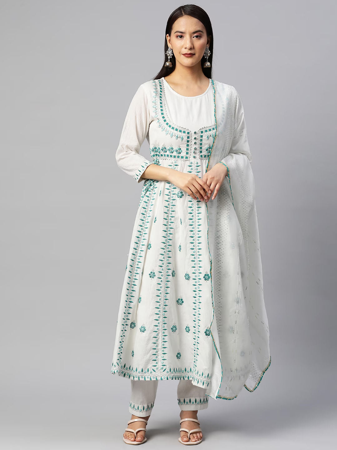 Anarkali Style Cotton Fabric White & Blue Color Kurta With Bottom & Dupatta