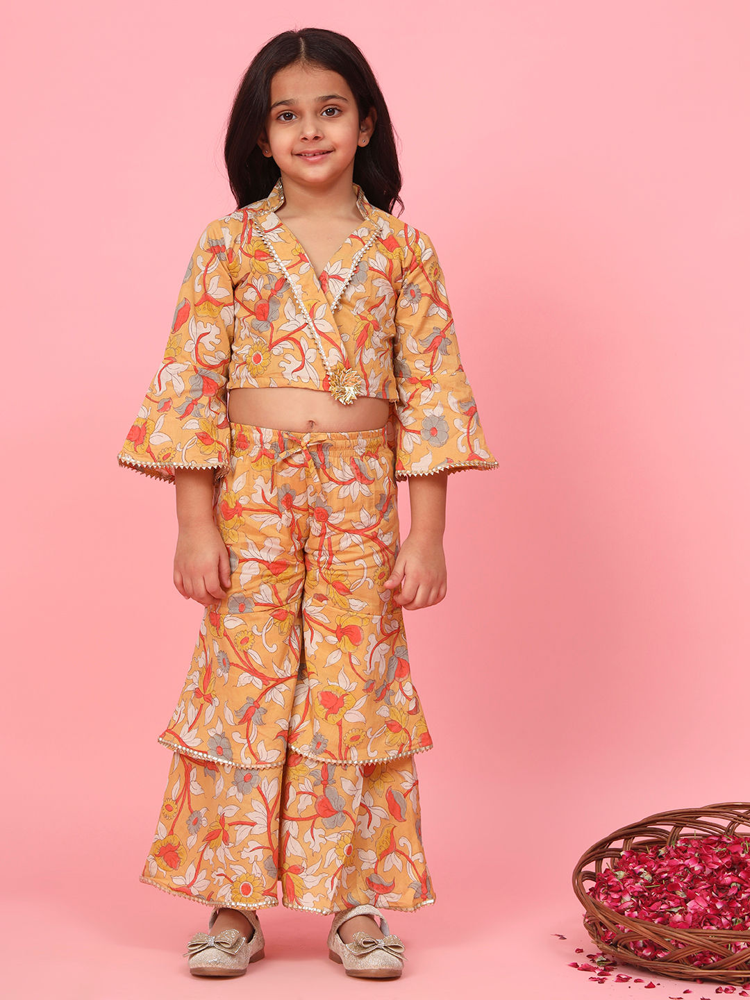 Straight Style Cotton Fabric Mustard Color Printed Top And Sharara