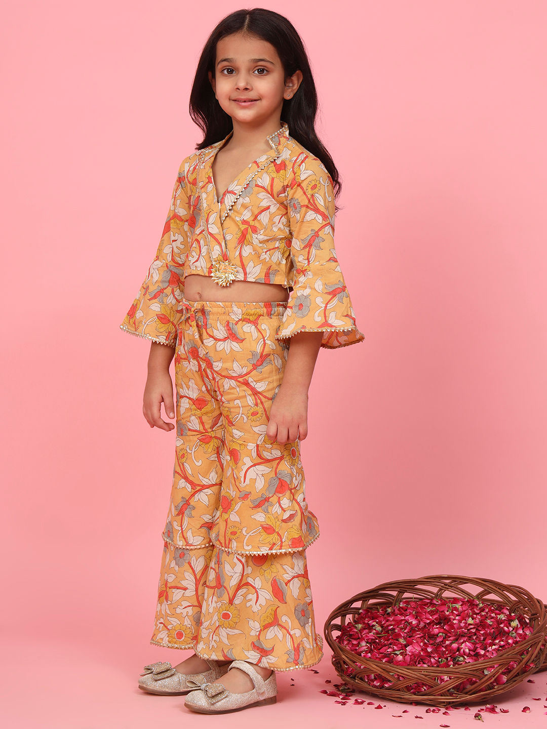 Straight Style Cotton Fabric Mustard Color Printed Top And Sharara