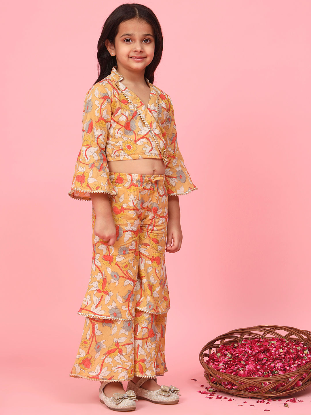 Straight Style Cotton Fabric Mustard Color Printed Top And Sharara