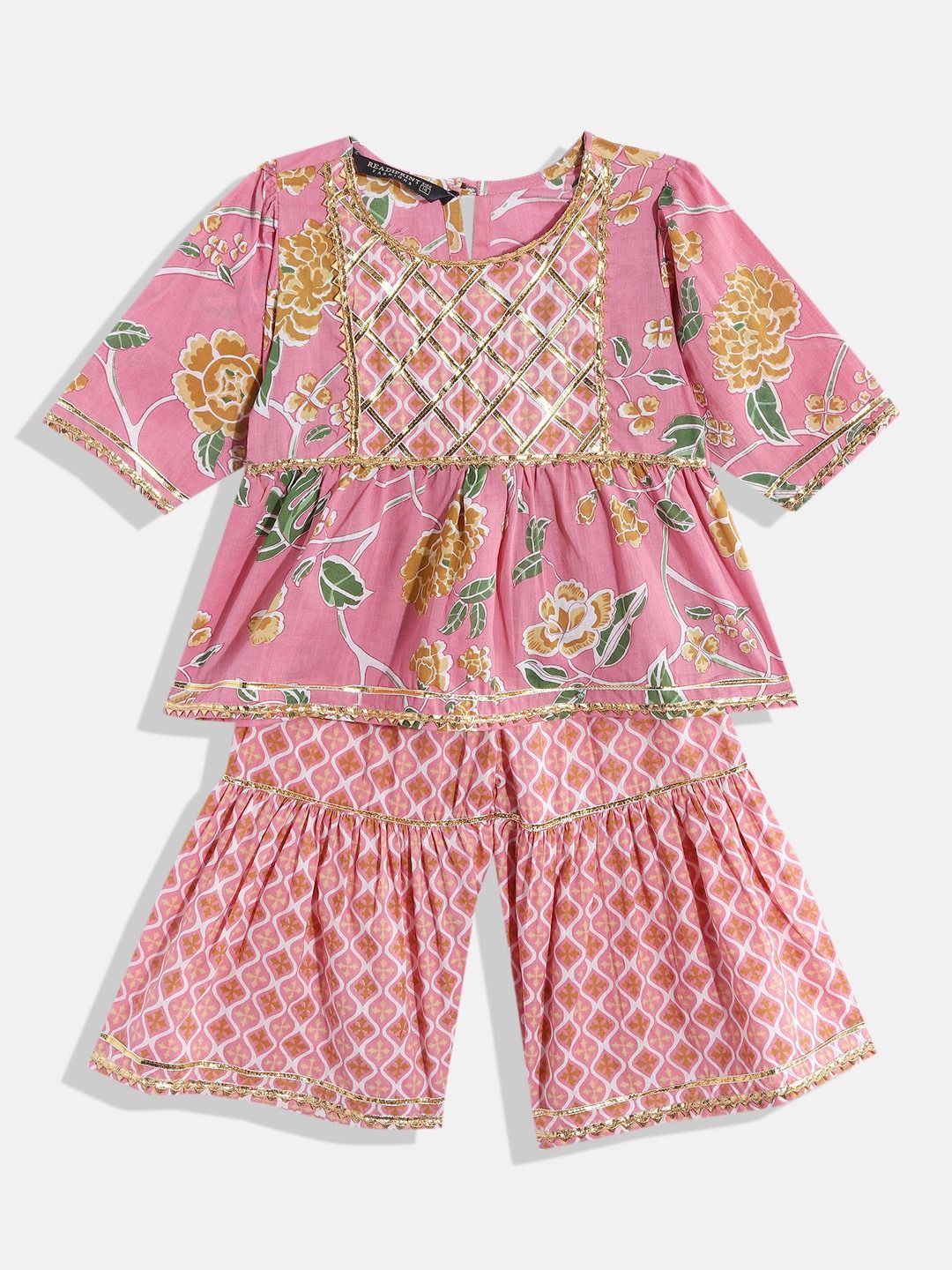 Frock Style Pink Color Cotton Fabric Kurti With Sharara