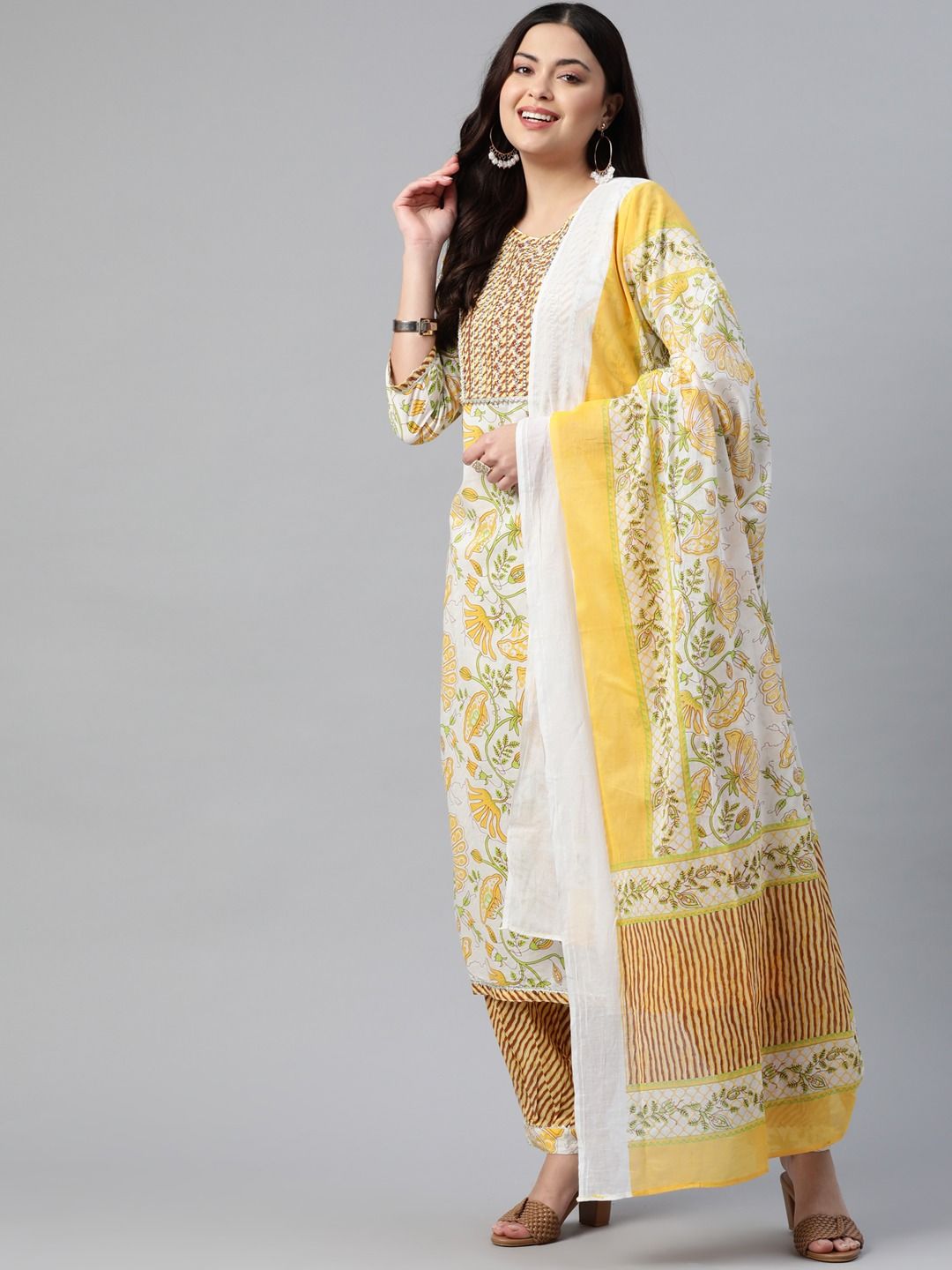 Straight Style Cotton Fabric White & Yellow Color Kurta With Bottom With Dupatta