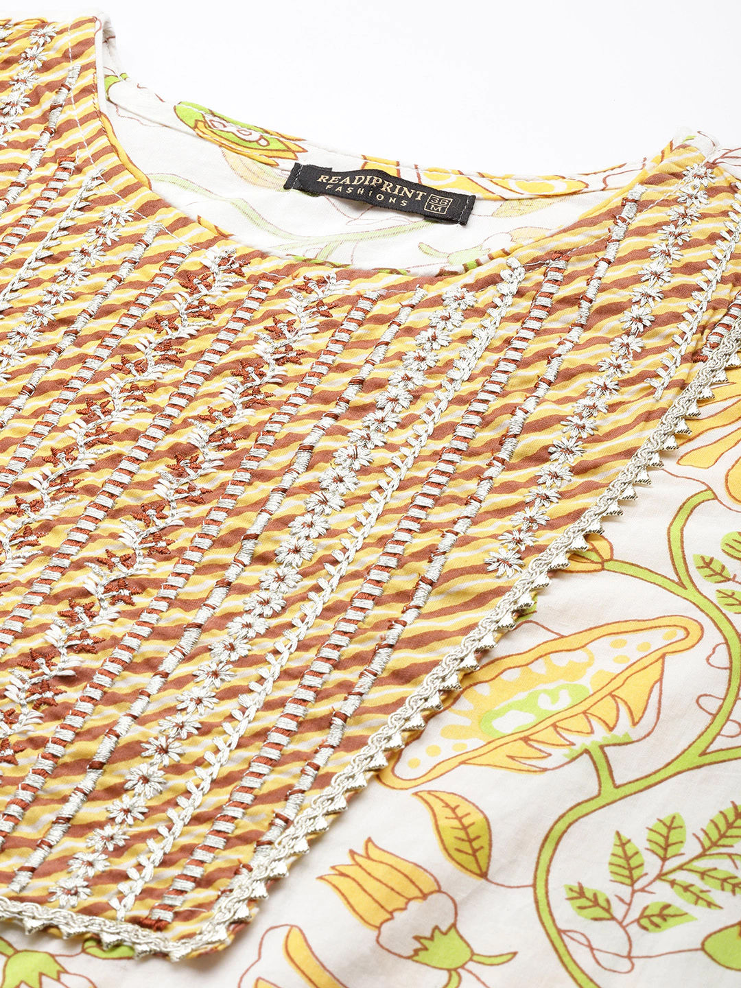 Straight Style Cotton Fabric White & Yellow Color Kurta With Bottom With Dupatta