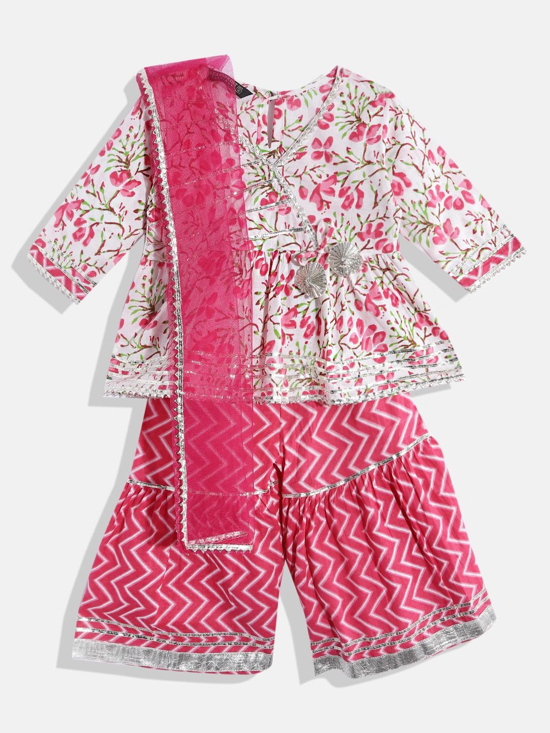 Frock Style Cotton Fabric White And Pink Color Kurta And Sharara With Dupatta