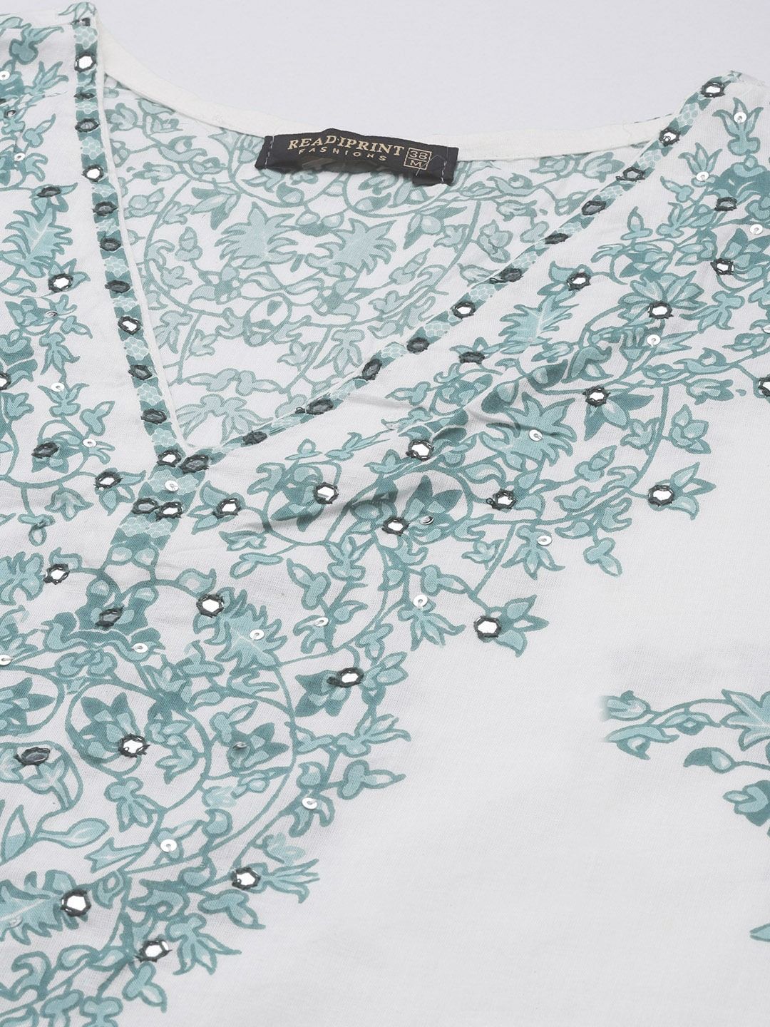 Straight Style Cotton Fabric White & Green Color Kurta With Bottom
