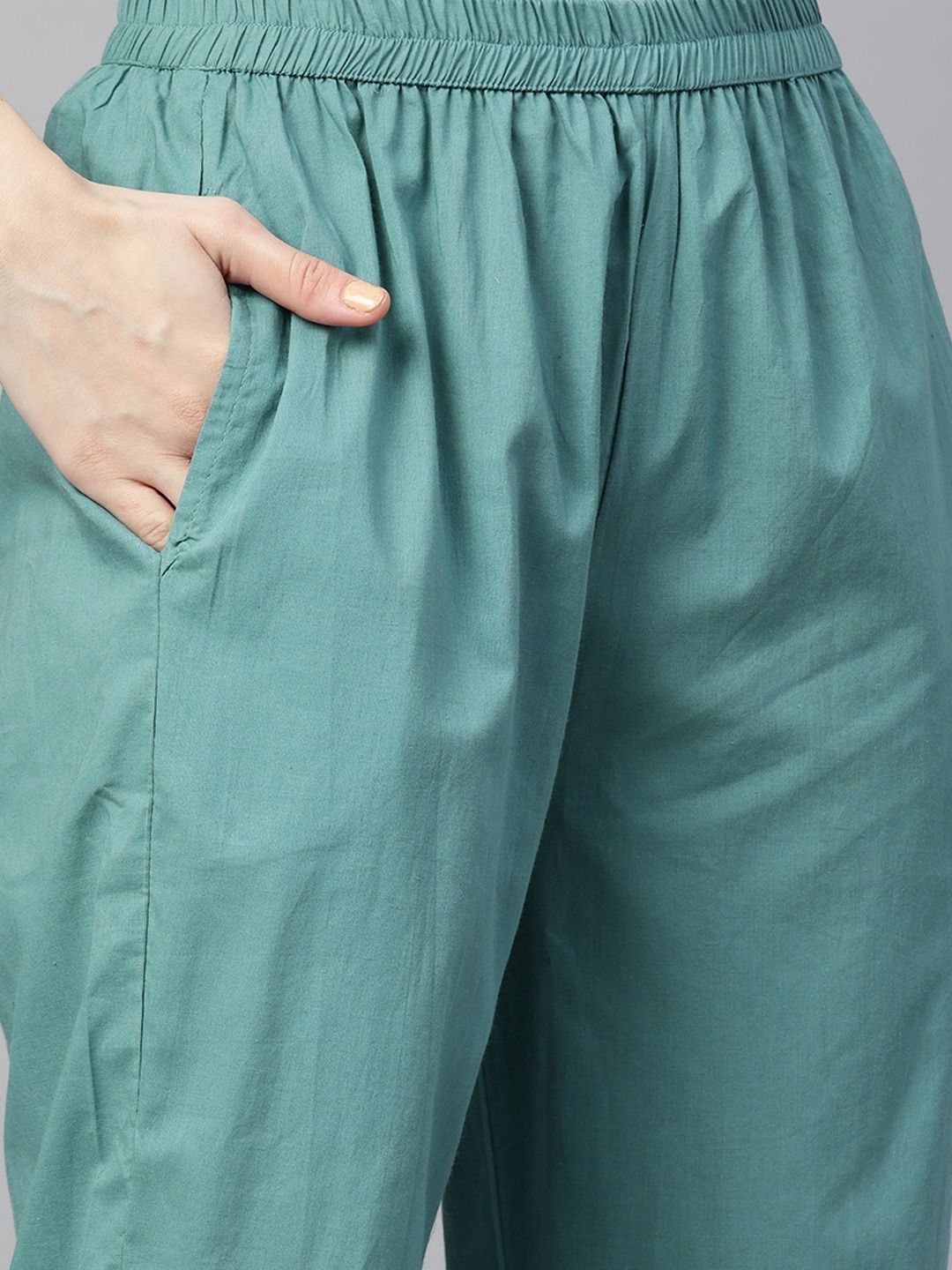 Straight Style Cotton Fabric White & Green Color Kurta With Bottom