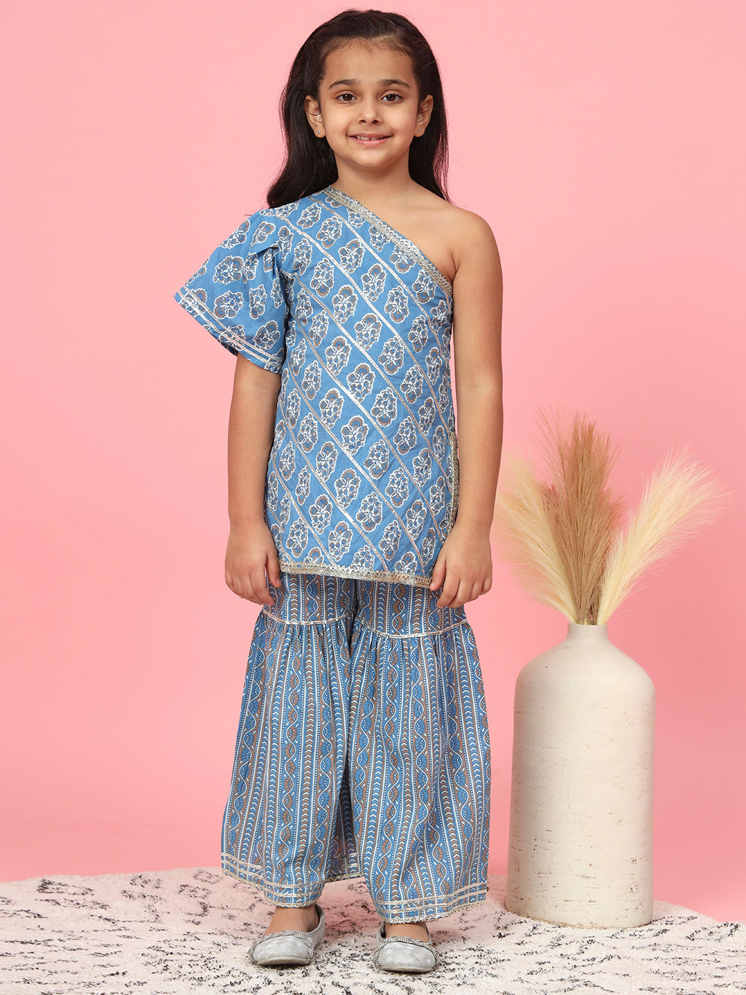 Straight Style Cotton Fabric Blue Color Printed Kurta And Sharara