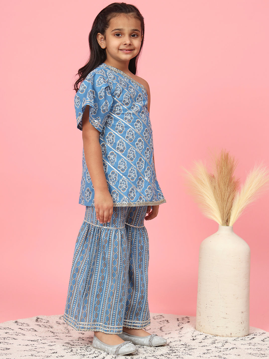 Straight Style Cotton Fabric Blue Color Printed Kurta And Sharara
