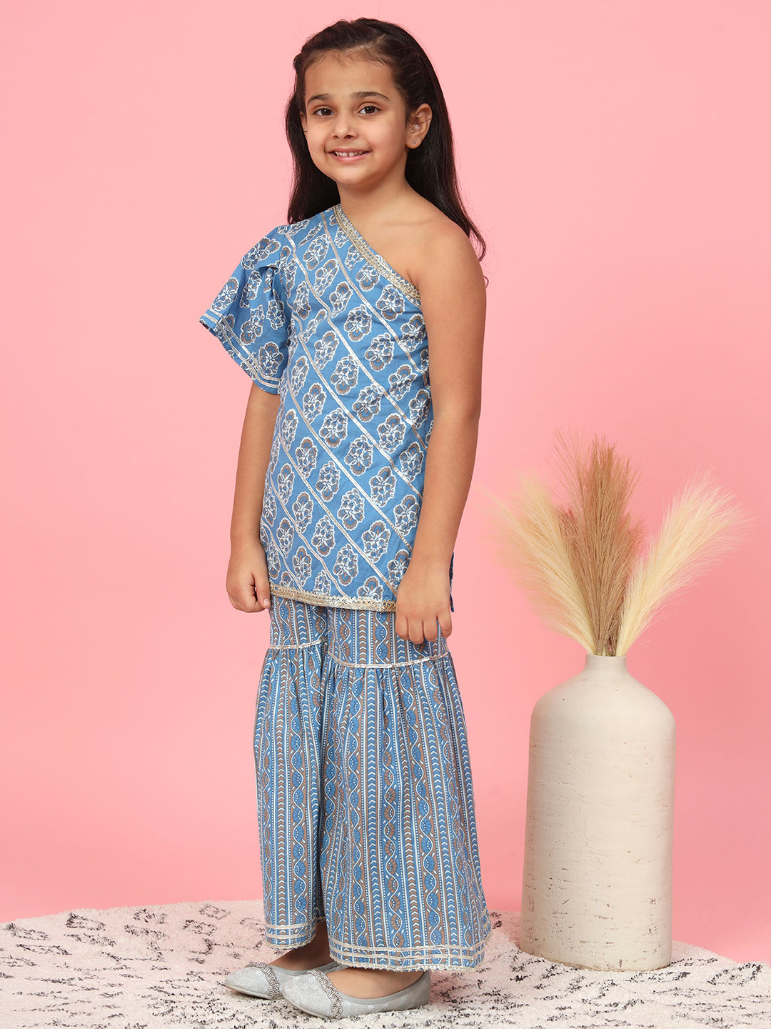 Straight Style Cotton Fabric Blue Color Printed Kurta And Sharara