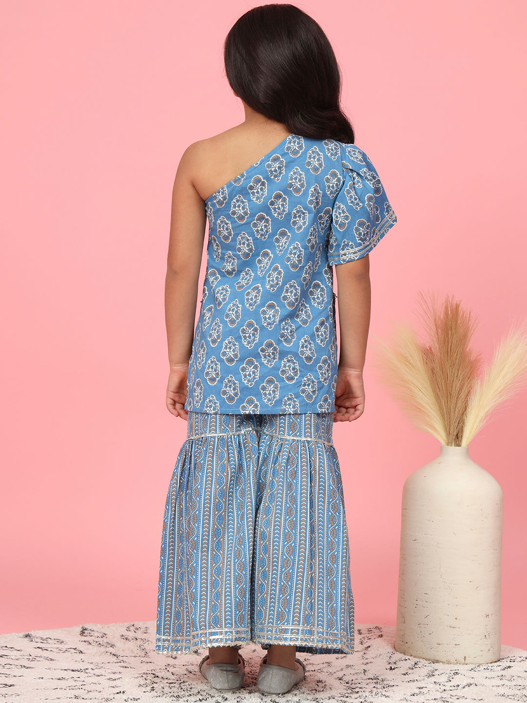 Straight Style Cotton Fabric Blue Color Printed Kurta And Sharara