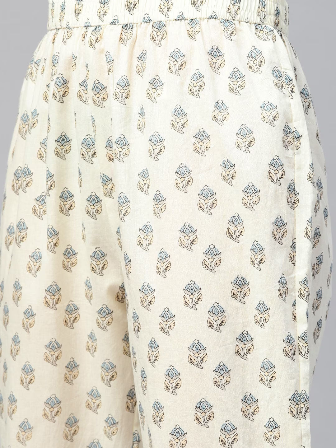 Anarkali Style Cotton Fabric Off White & Blue Color Kurta With Pajama And Dupatta