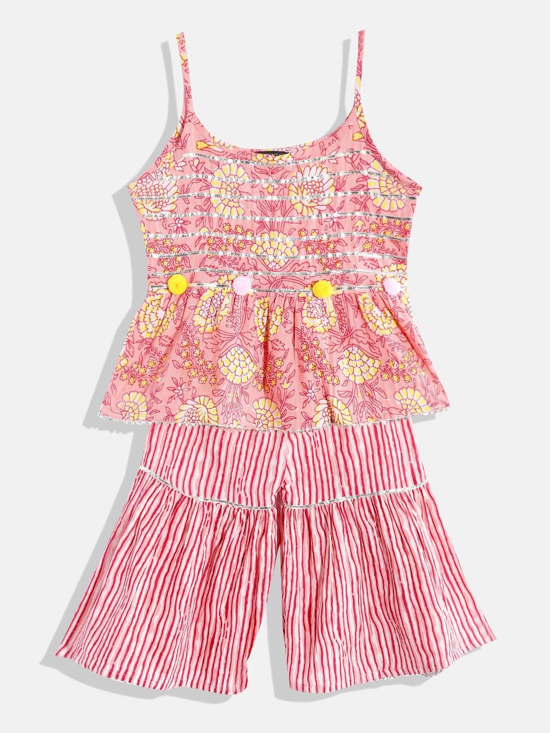 Frock Style Cotton Fabric Pink Color Printed Kurta And Sharara