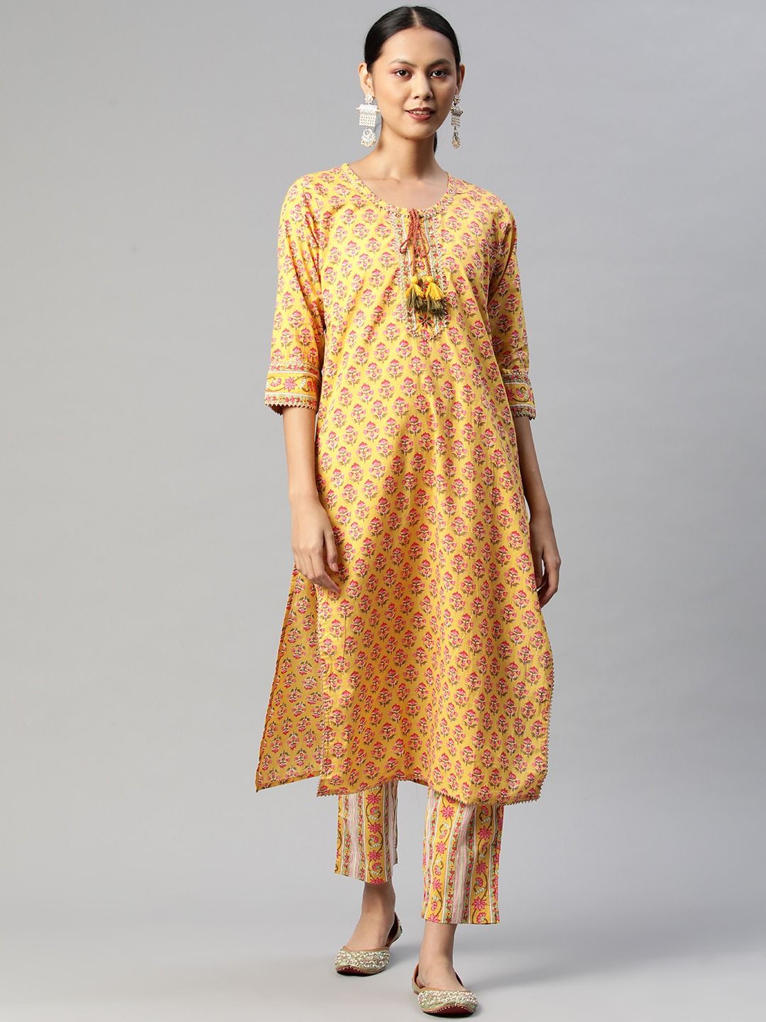 Straight Style Cotton Fabric Yellow Color Kurta With Bottom